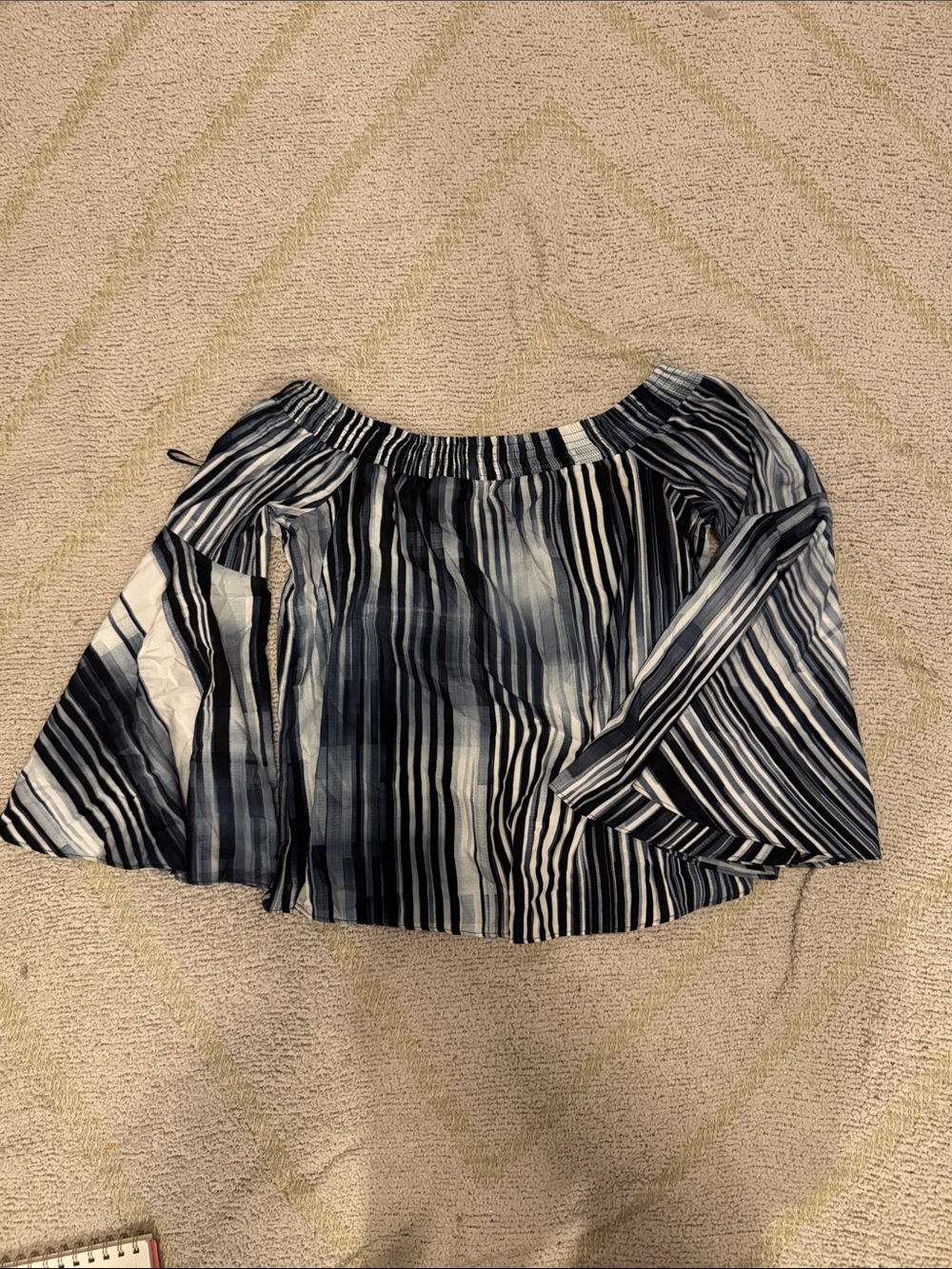 Bar III Off Shoulder Bell Sleeve Blouse Blue Striped Boho Top Small